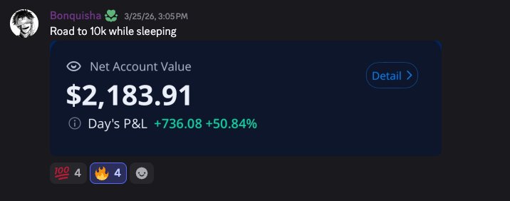 Bonquisha — Road to 10k while sleeping, +$736 day P&L